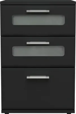 A front view of a black three-drawer nightstand with frosted glass inserts in the top two drawers.