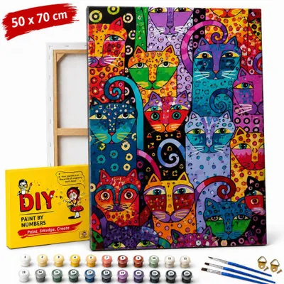 Obrázok produktu pre Obraz na maľovanie podľa čísel s rámom „Farebné mačky“ 50 x 70 cm