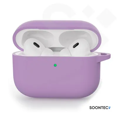 A purple case for AirPods Pro with the lid open, showing the earbuds inside.