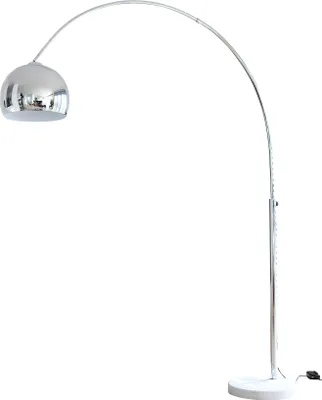 A modern arc floor lamp with a chrome finish and a round shade, standing on a white circular base.