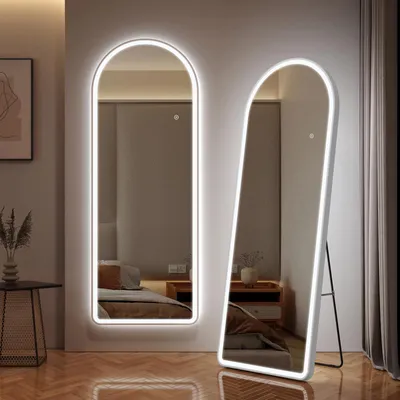 Image de EMKE Miroir intégral 3 couleurs de lumière et luminosité réglable Miroir sur pied, interrupteur tactile, fonction mémoire Miroir d'habillage bombé avec cadre blanc, 160×60cm