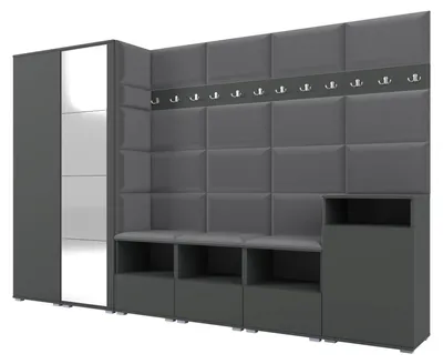 Obrázek produktu pro Šatní skříň NELA XII 300 cm – modulární nábytek do předsíně, grafitová barva se zrcadlem a sedákem, tmavě šedá 15 (obrovská sada)