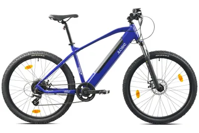 A blue electric mountain bike is shown against a white background.