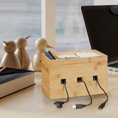 Produktbild von Bambus Kabelbox mit Dockingstation, herausnehmbarer Ablage für Kabelmanagement von 3 Geräten