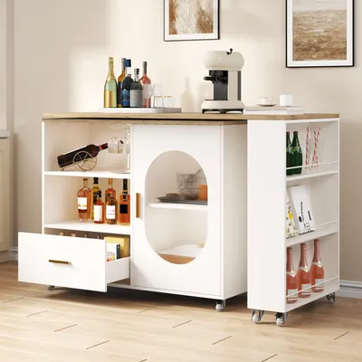 Produktbild von okwish Rollbare Kücheninsel mit 360° drehbarer Tischplatte,Bartisch mit Riffelglastür,verstellbarem Einlegeboden und Stauraum,Weiß