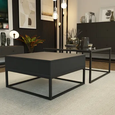 Produktbild von Moderner Couchtisch ELEGANT 2in1 Tisch mit Schublade und Stauraum Glastisch 2er Set Push Open Wohnzimmertisch Schwarz Metallrahmen Stapelbar