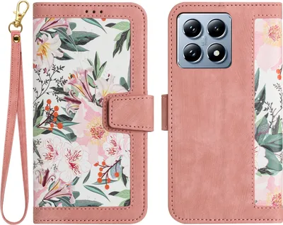 Produktbild von Für Xiaomi 14T Kunstleder Wallet Handy Tasche Blumen Design Hülle Etuis Rosa