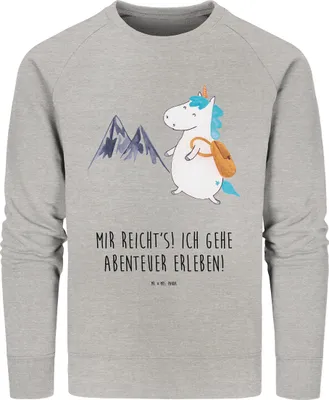 Produktbild von Mr. & Mrs. Panda Baumwoll Sweatshirt Einhorn Bergsteiger Größe M - Heather Grey - Geschenk, Abenteuer, Pulli, Sweater, Einhörner, Bio Pullover, Berge, Unicorn, Urlaub