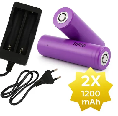 Produktbild von 2 x 1200 mAh 18650 3,7 V Li-Ion - 18 x 65 mm zylindrisch - Wiederaufladbare CR18650-Akkus mit Netzladegerät - Universelle Lithium-Ionen-Akkus mit 230-V-Ladegerät