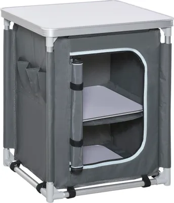 Image de Outsunny Placard de cuisine pour camping pliable avec 2 étagères et sac de transport, aluminium et tissu Oxford 60x49x70 cm gris