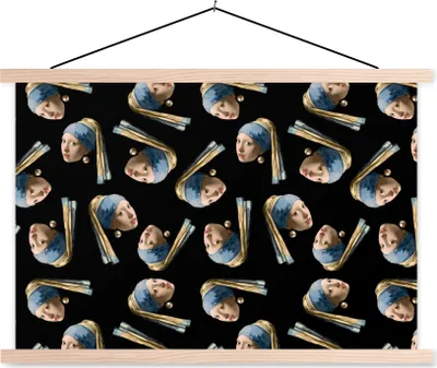 Produktbild von MuchoWow® Textilposter Mädchen mit Perlenohrring - Muster - Vermeer 120x80 cm mit holzfarbenen Rahmen - Aufhängeset