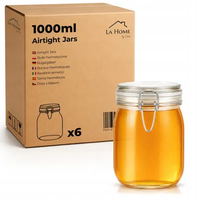 Immagine prodotto di Set da 6 barattoli in vetro 1 l con chiusura a leva – vasetti con guarnizione per conserve, miele, marmellata, porridge, caffè e spezie