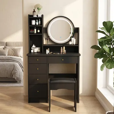 Produktbild von Schminktisch mit Dimmbarem LED-Spiegel, mit Hocker und 5 Schubladen, Schwarz, MDF, 80 x 40 x 135 cm