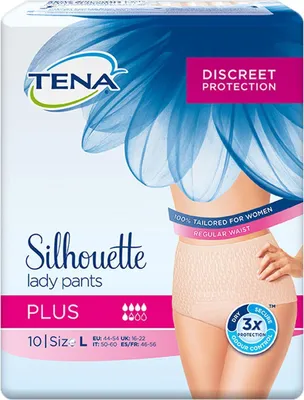 Packaging for TENA Lady Pants Plus, showing a stylized graphic of a woman's lower torso wearing the product.