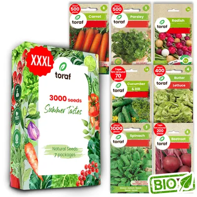 Obrázok produktu pre Toraf semená zeleniny XXL set 3000 semien 7 druhov mrkva petržlen špenát reďkovka cvikla uhorka kôpor pre záhradu a balkón