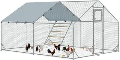 Zdjęcie produktu dla PawHut Kurnik wolnowybiegowy ze stali, 3 x 4 x 1,95 m Klatka dla kurczaków z pokrywą odporną na promieniowanie UV, drzwiczki do karmienia, wiszący karmnik, grzęda, wybieg dla 12-18 kurczaków, małe zwierzęta, srebrny