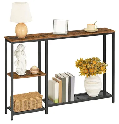 Image de Table console étroite avec étagères, style industriel, couleur marron vintage et noir, dimensions 114 x 20 x 79 cm