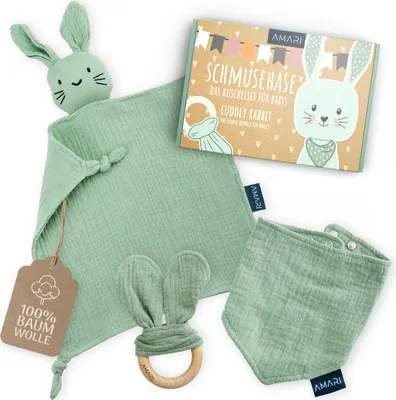 Produktbild von AMARI ® "Schmusetuch Hase Mint" mit Beißring und Lätzchen, Ideale Geschenke zur Geburt für Junge und Mädchen - Baby Geschenk Neugeborene