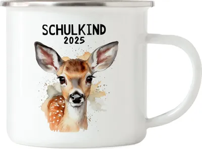 Produktbild von Schulkind 2025 Reh Emaille Tasse Schuleinführung Sohn Tochter Geschenk Schulanfang Erstklässler