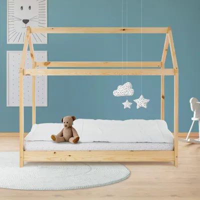 Obrázek produktu pro ML-Design dětská postel 70x140 cm se stříškou a roštovým rámem, přírodní, domeček postel z masivního borovicového dřeva podlahová postel dřevěná postel postel pro mládež postel na hraní stan