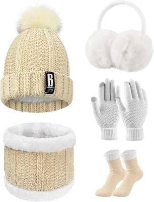 Productafbeelding van 5-delige Gebreide Winterset voor Dames: Muts, Sjaal, Handschoenen en Sokken met Fleece Voering