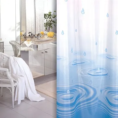 A split image showing a bathroom vanity and a shower curtain with a water droplet pattern.