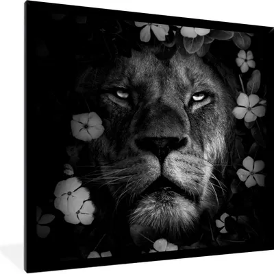 Produktbild von MuchoWow® Gerahmtes Poster Blumen - Löwe - Dschungel - Schwarz - Weiß 40x40 cm - Poster mit Schwarzem Bilderrahmen Wandposter Rahmen Foto Bilder - Mit Rahmen - Wanddekoration Schlafzimmer