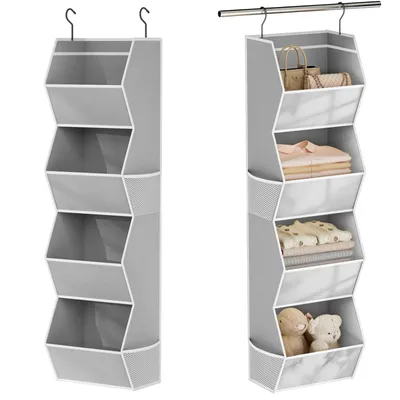 Produktbild von Hängender Schrank-Organizer mit 4 Einlegeböden, zusammenklappbare Aufbewahrungslösung für den Kleiderschrank mit Netzfächern für Kleidung