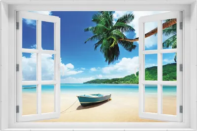 Produktbild von Wallario Wandbild mit Fenster-Illusion: Urlaub am Palmenstrand unter Palmen mit Fischerboot, Größe: 61 x 91,5 cm, Poster mit rahmenlosen Bildhalter