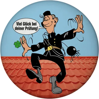 Produktbild von Kaminfeger Magnet rund mit Spruch: Viel Glück bei deiner Prüfung