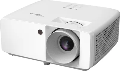 A white Optoma projector is shown from a slightly elevated front-left angle against a white background.
