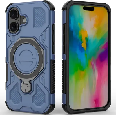 Produktbild von Robuste Handyhülle für iPhone 16 mit Ringhalter Ständer Stoßfest, Magnetisch, Dual-Layer Schutz Blau