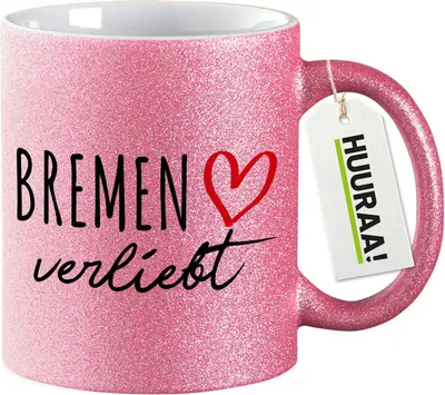 Produktbild von Huuraa Glitzertasse Bremen verliebt 330ml Pink Keramik Kaffeebecher Geschenkidee