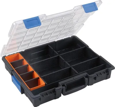 Produktbild von Sortimentskasten B440xT355xH76mm 12 Fächer 10 Trennstege transp.schwarz