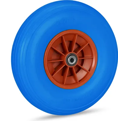 Immagine prodotto di Ruota per carriola Relaxdays 4.00-6, ruota in gomma piena con cerchione in plastica, 3 adattatori, ruota di scorta antiforatura, 100 kg, blu-rosso