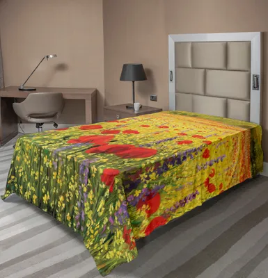 Produktbild von ABAKUHAUS Blume Bettlaken, Ein Buntes Feld Mit Mohnblumen Gelb Blüht Lavendar Ackerland Hügel Landschaft, weiches bequemes oberes Bettlaken für ein dekoratives Bett 1 Stück 260 cm x 168 cm, Gelb Rot Grün