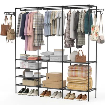 Produktbild von Verdego Kleiderschrankregal Dreireihig, Verstärkt, Stoffschrank mit Kleiderstangen, Garderobenregal, 153×32×170cm, Schwarz