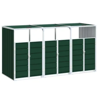 A dark green, multi-compartment trash can enclosure with a white frame, shown against a white background.