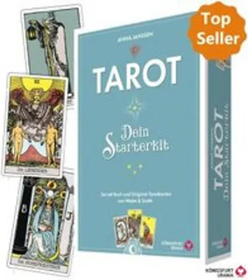 A collage of a tarot starter kit box and some tarot cards.