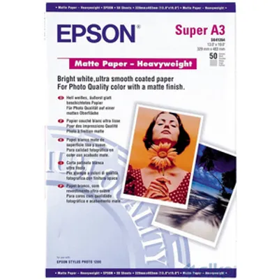 Produktbild von Epson Matte Paper-Heavy Weight, DIN A3+, 167 g/m², 50 Blatt, Tintenstrahldrucker, A3+ (330x483 mm), Matt, 50 Blätter, 167 g/m², Weiß