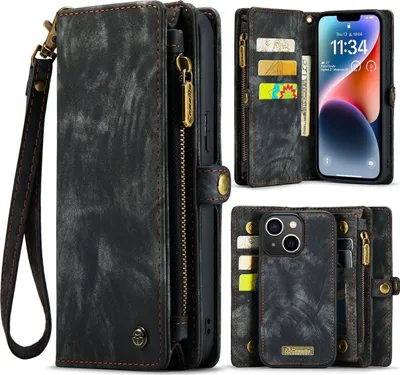 A collage of images showing an iPhone 14 wallet case from different angles, including its interior and exterior.