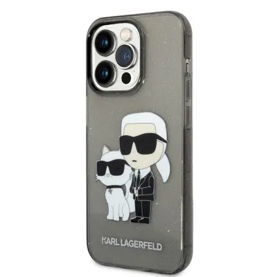 A Karl Lagerfeld iPhone 14 Pro Max case with a glittery background, featuring a cartoon illustration of Karl Lagerfeld and his cat Choupette.