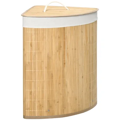 Image de HOMCOM Panier à linge en bambou d'angle 55L avec couvercle et sac amovible 38 x 38 x 57 cm bois naturel et blanc