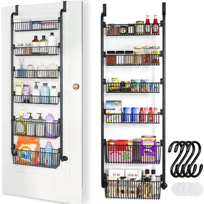 Zdjęcie produktu dla Unyqoos® Organizer wiszący do kuchni i łazienki – metalowa półka do zawieszania na drzwiach bez wiercenia, 6 koszy i 4 haczyki, kolor czarny
