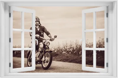 Produktbild von Wallario Wandbild mit Fenster-Illusion: Simson Fahrer in der DDR in Sepiafarben, Größe: 61 x 91,5 cm, Poster mit weißem Aluminiumrahmen