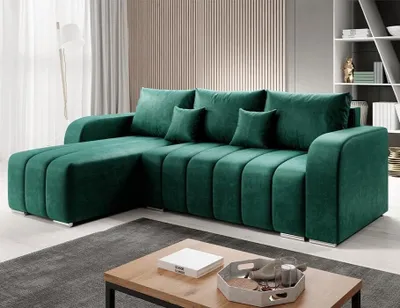 Produktbild von Easy4You Ecksofa Velvet L-Form – 245x86x147 cm - Schlafsofa mit Bettkasten und Schlaffunktion - Eckcouch mit Stauraum – Links – Stoff Monolith Flaschengrün 37