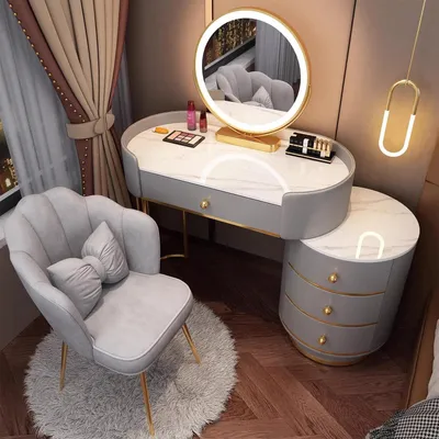 Image de Ensemble table de maquillage avec miroir et chaise, couleur gris, 80 cm