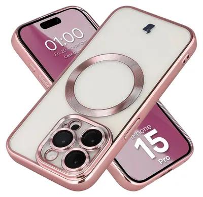 Produktbild von Handyhülle mit Kameraschutz und Magnetring für iPhone 15 Pro, Bizon Case GuardO, Transparent-Rosa