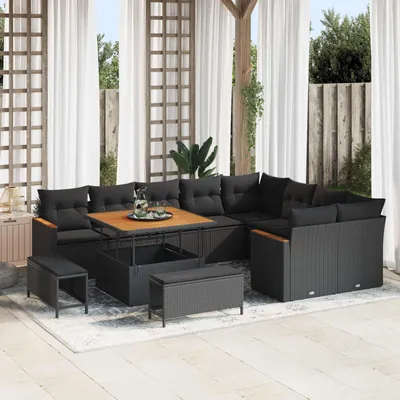 Produktbild von vidaXL Gartensofa-set mit Kissen mit Kissen 12 pcs Schwarz Poly Rattan