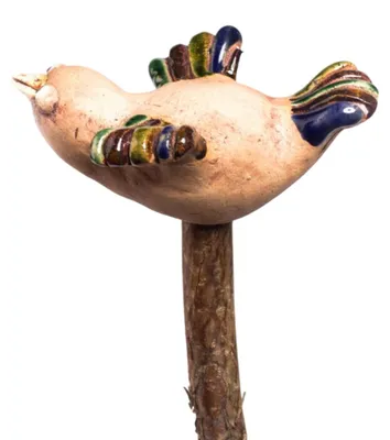 Produktbild von Bemalte, robuste Steinzeug Stockfigur Vogel, 12x8x4 cm, für Innen- und Außenbereich